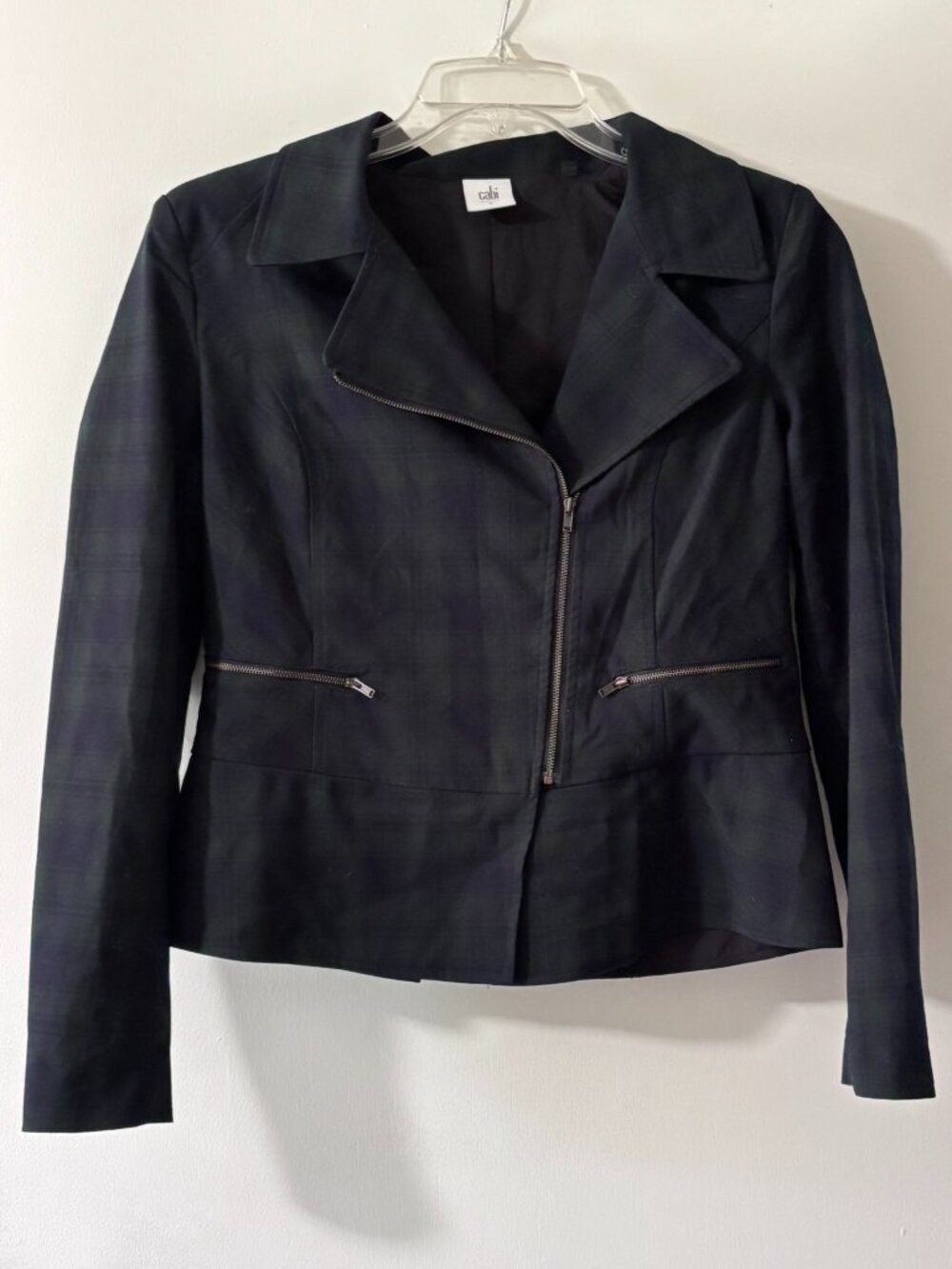 Cabi Women's Green Blue Tartan Plaid Moto Zip Jacket Blazer Size 6